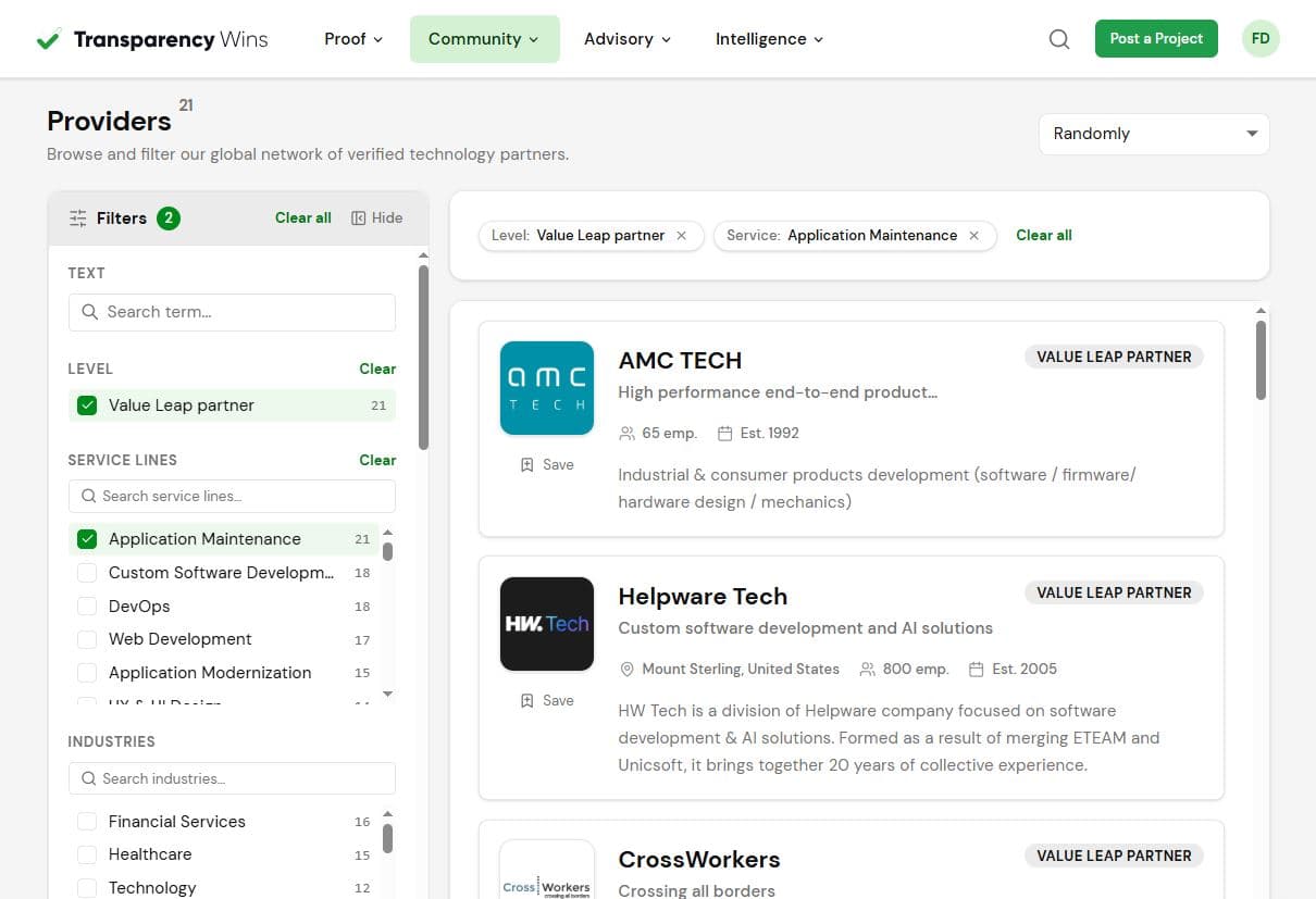 TransparencyWins Providers Directory — browse and filter verified IT partners
